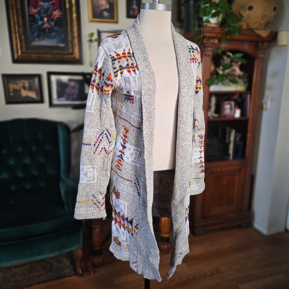 Northern Angel Cardigan Southwestern Aztec Tribal Longline Duster Gray Small S